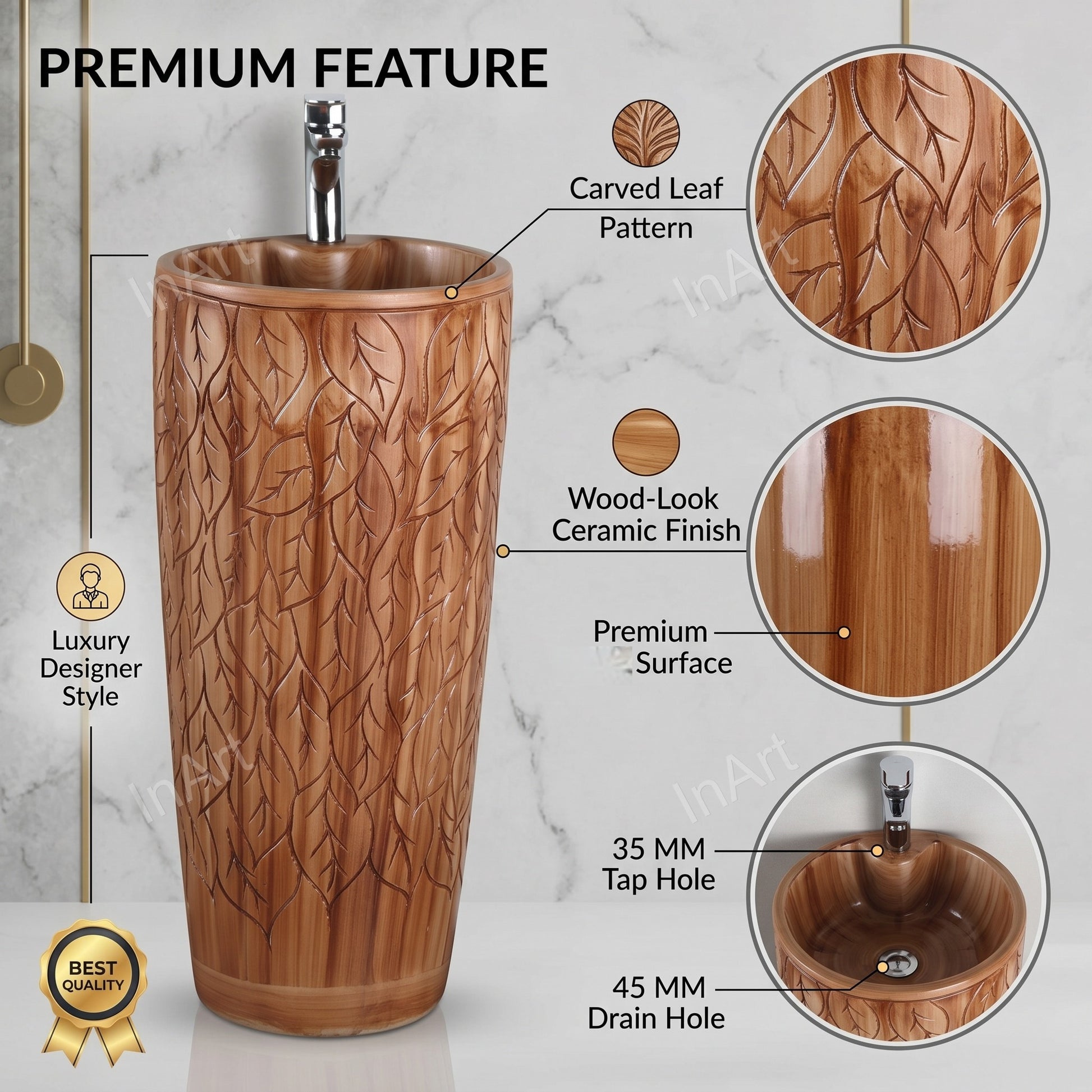 Front view of freestanding one-piece pedestal wash basin in wooden finish