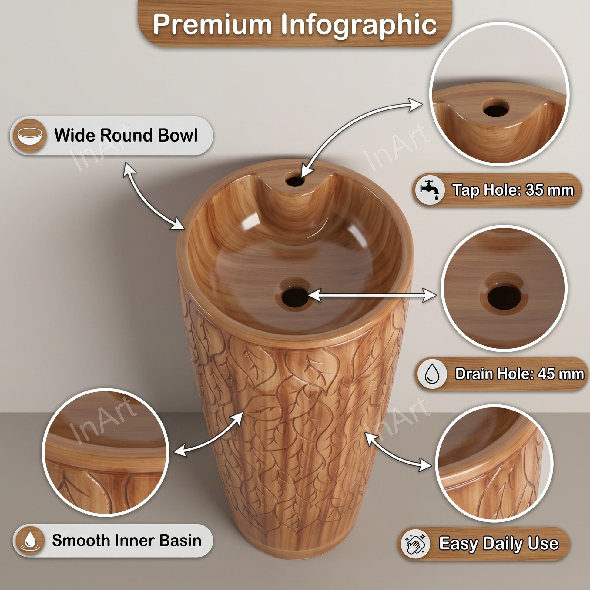 Side angle showing tall 85 cm pedestal wash basin profile in matt wooden finish