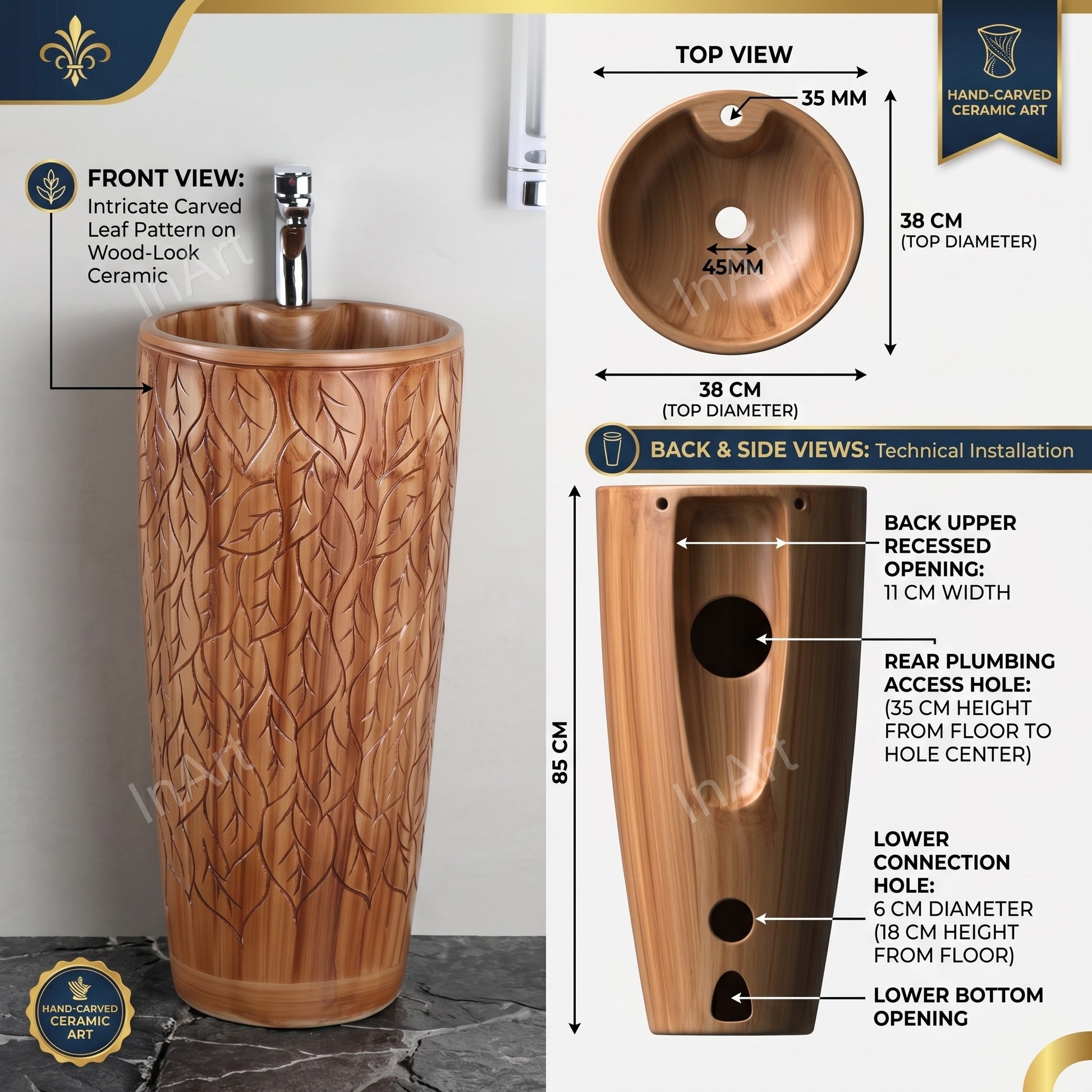 Full height view of 38x38x85 cm freestanding pedestal wash basin for modern washroom
