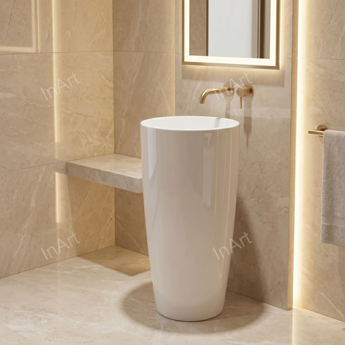 Glossy white round pedestal wash basin without tap hole, freestanding one-piece design