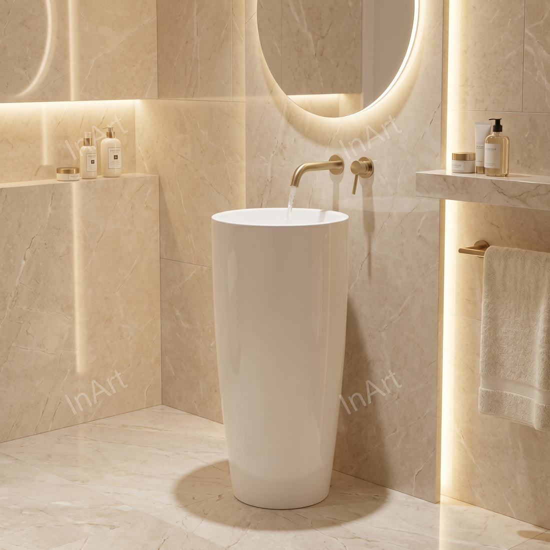 Glossy white round pedestal wash basin without tap hole, freestanding one-piece design