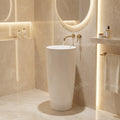 Front view of round ceramic pedestal basin in glossy white finish for bathroom