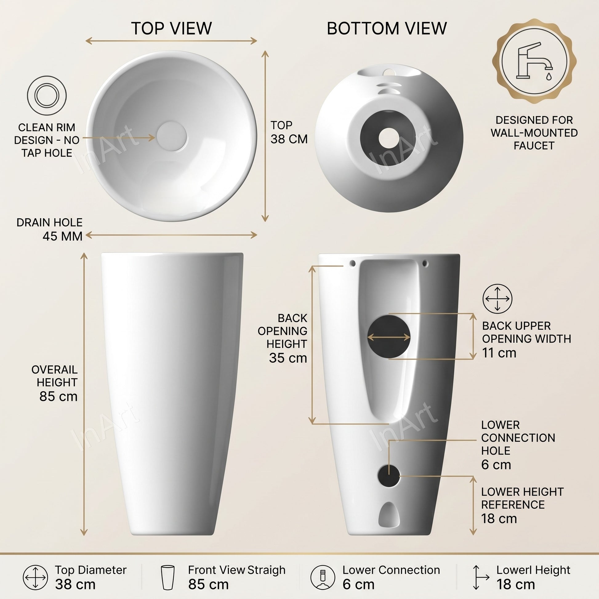 Side profile of freestanding pedestal wash basin showing full pedestal height