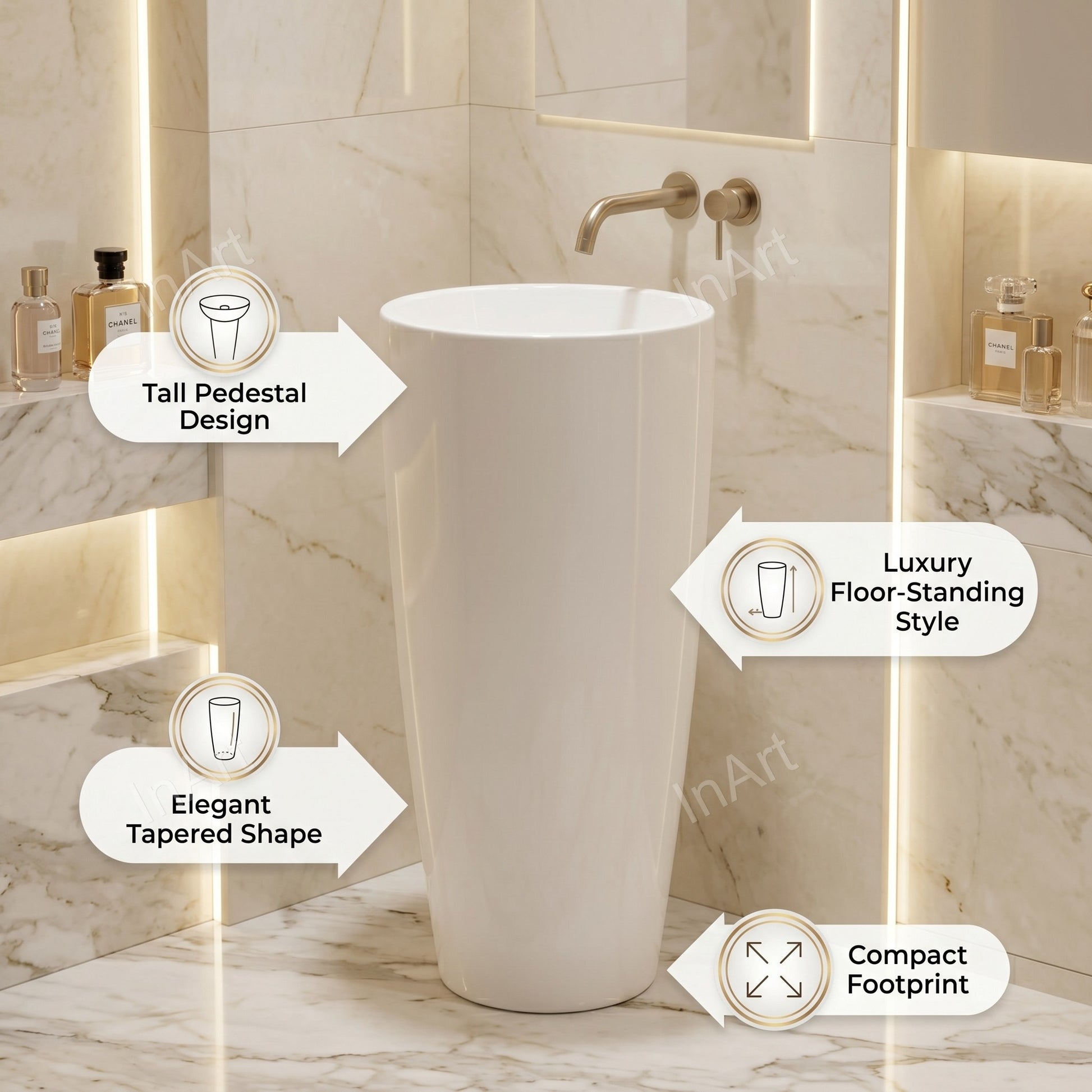 Top view of round wash basin without tap hole in glossy white ceramic