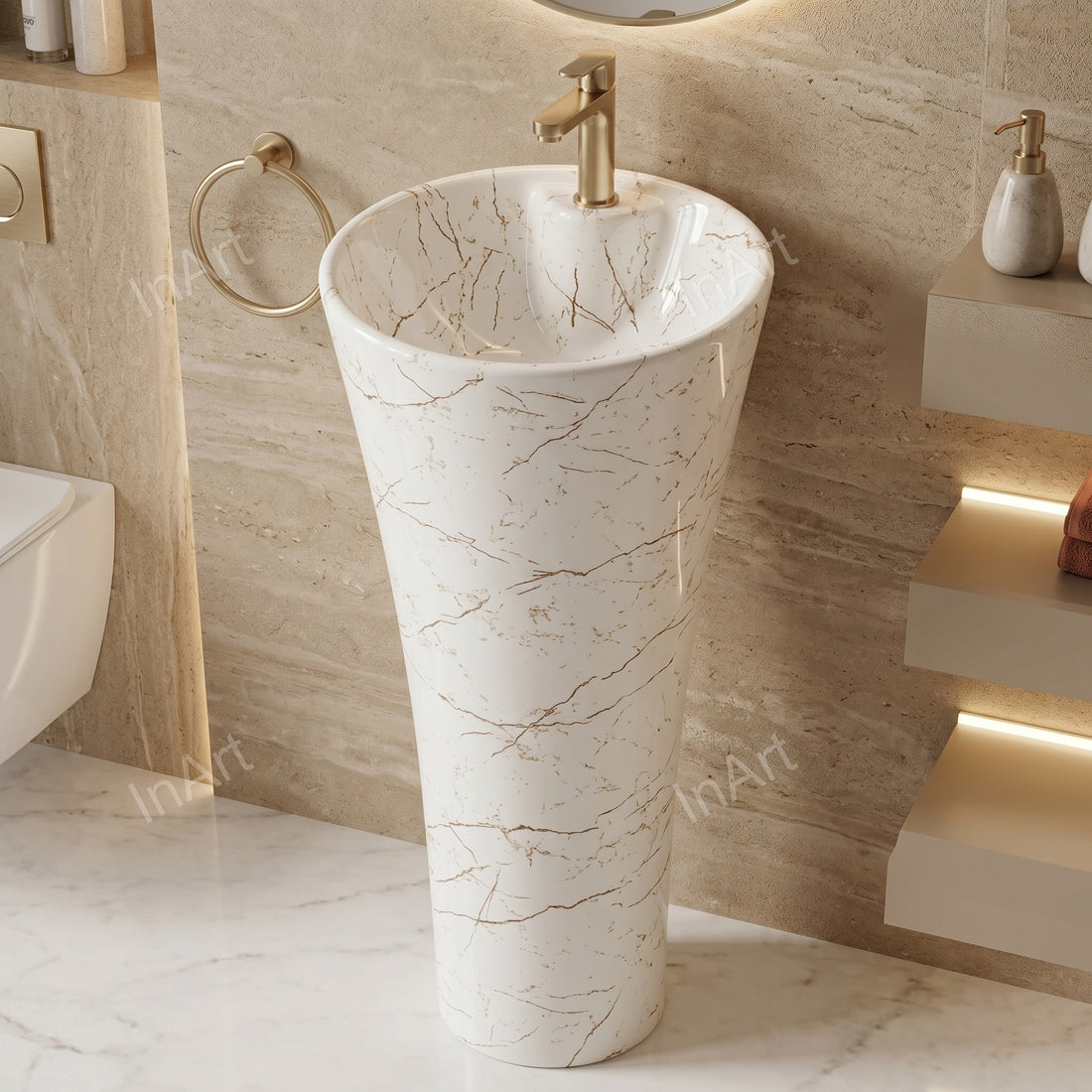 Round white glossy ceramic pedestal wash basin front view 15x15x34 inches