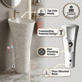 White ceramic pedestal basin showing tall pedestal profile for bathroom wash area
