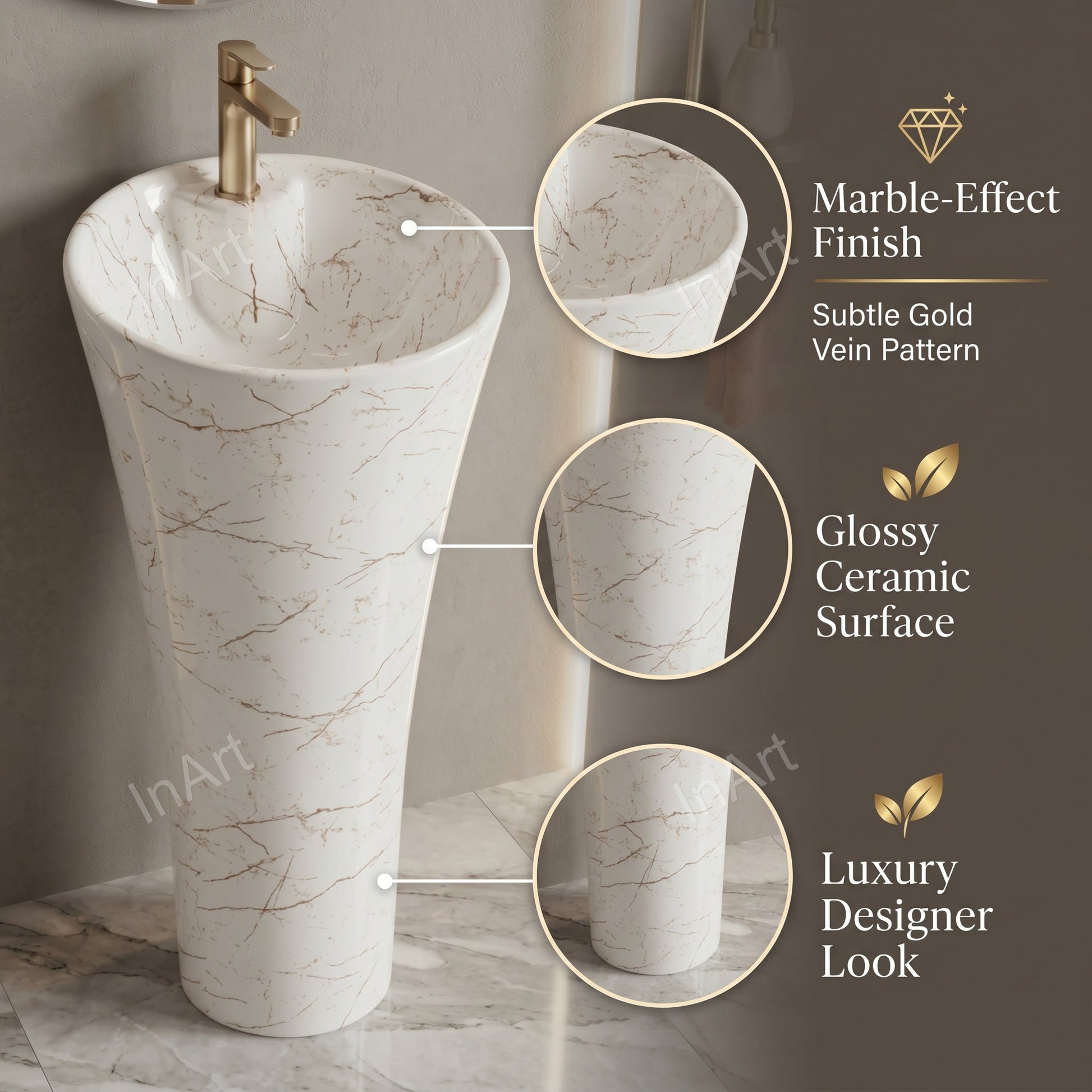 Round pedestal wash basin top view showing bowl shape and central drain hole
