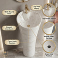Glossy white ceramic pedestal wash basin close-up showing smooth surface finish