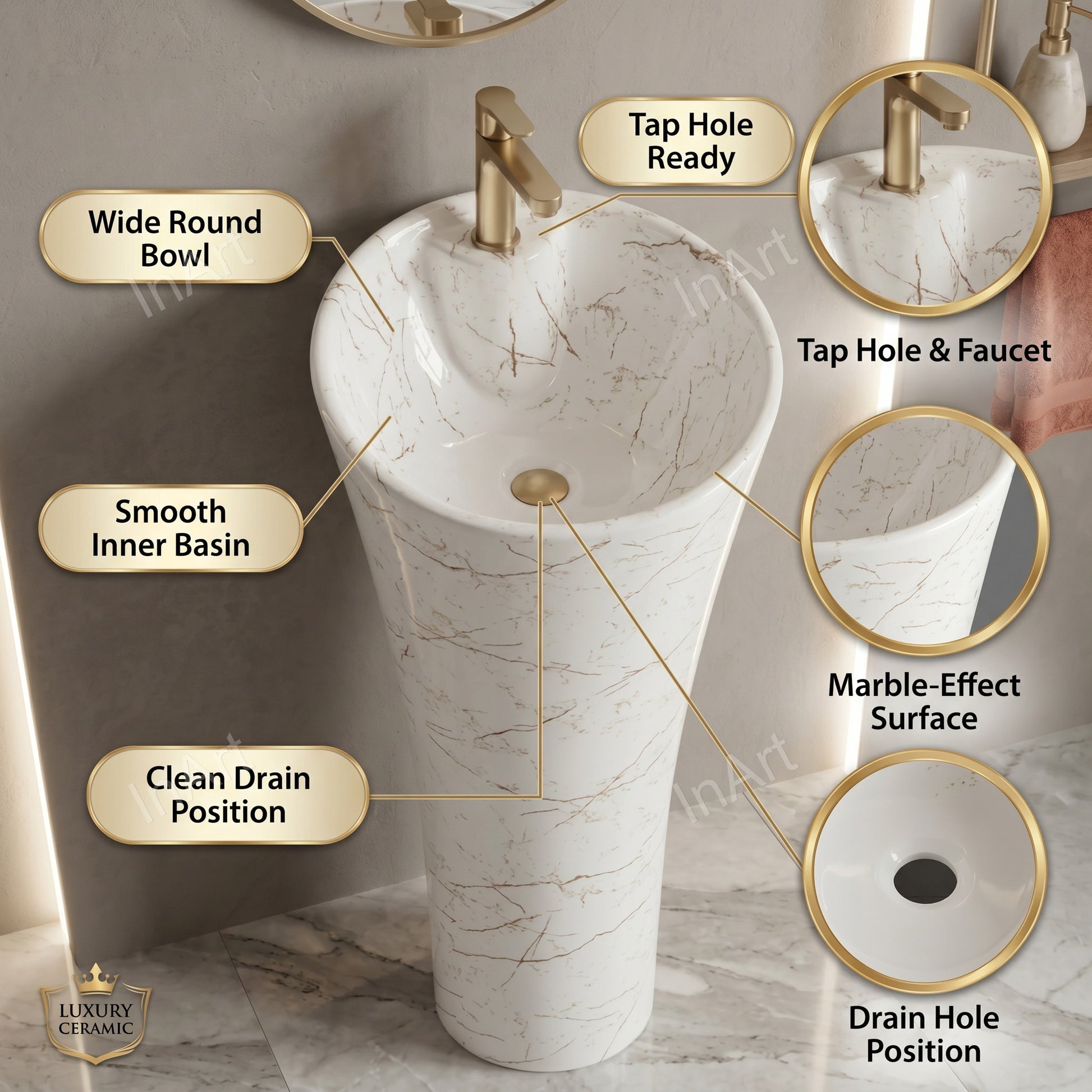 Glossy white ceramic pedestal wash basin close-up showing smooth surface finish