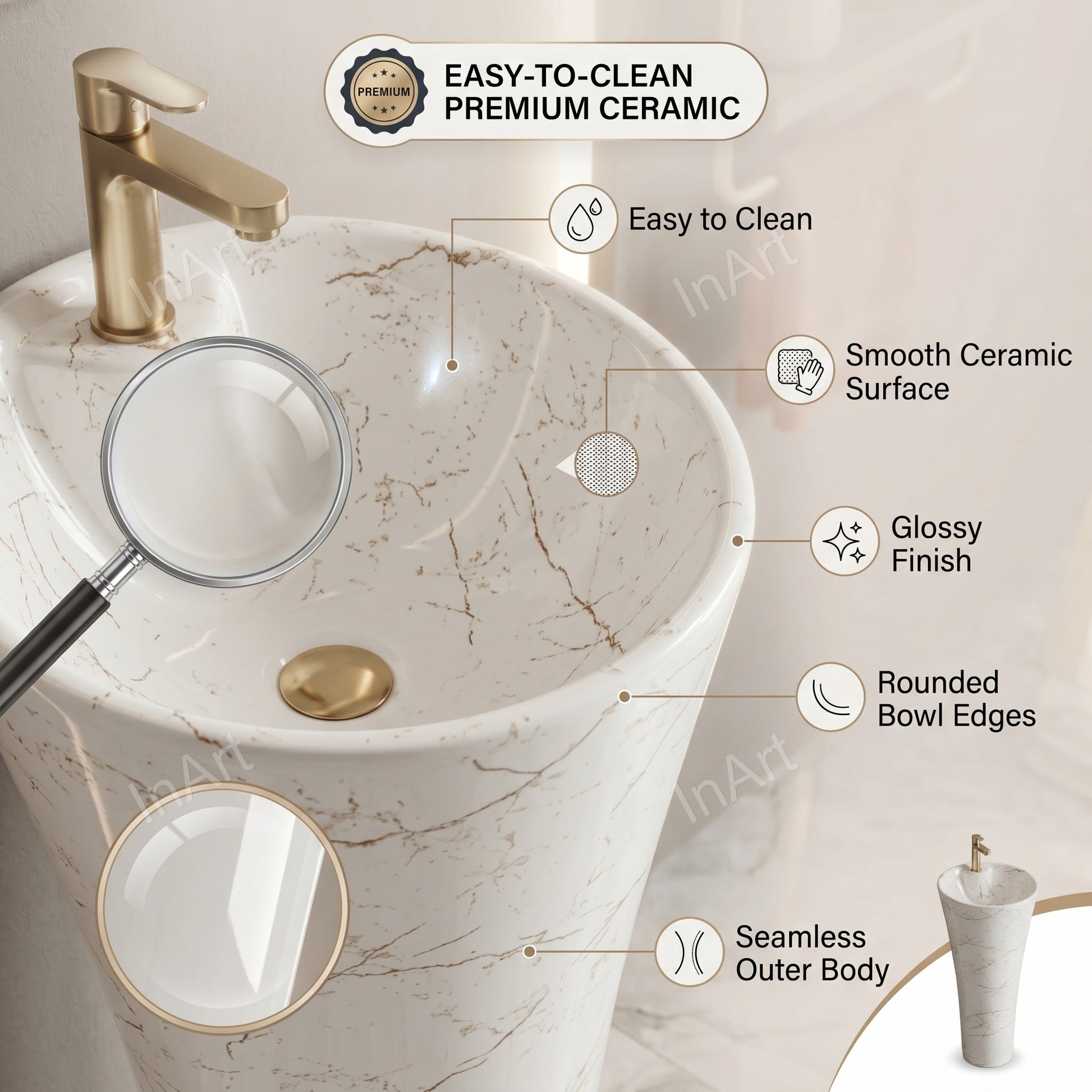 Ceramic pedestal wash basin full height view highlighting compact 15x15 inch footprint