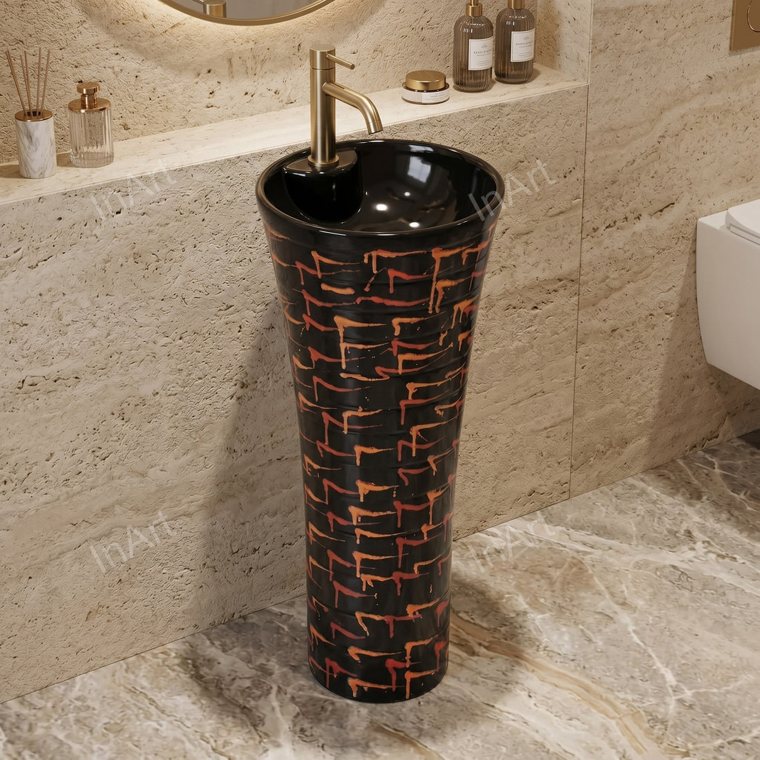Glossy black round pedestal wash basin freestanding design front view