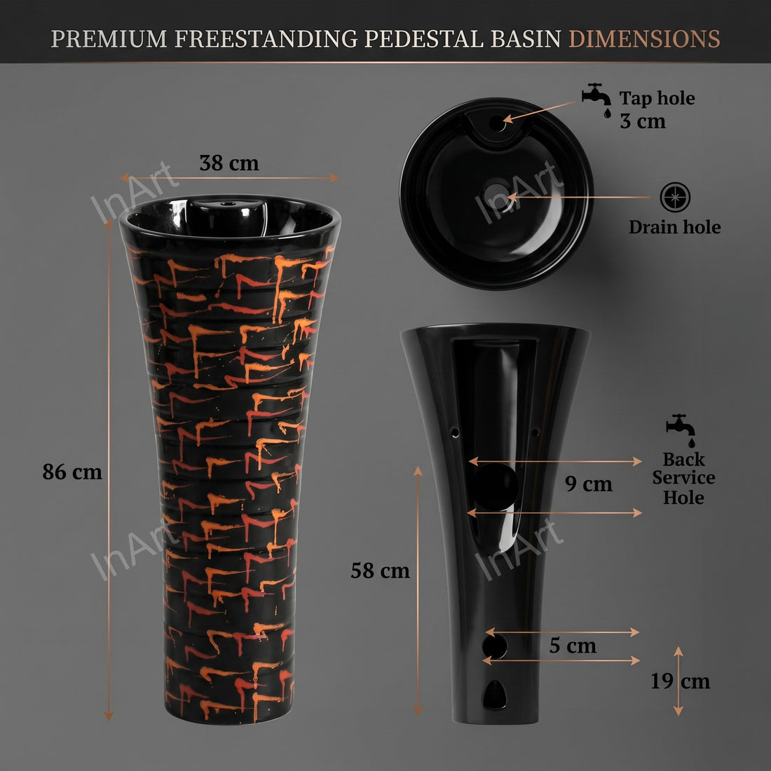 Glossy black round pedestal wash basin freestanding design front view