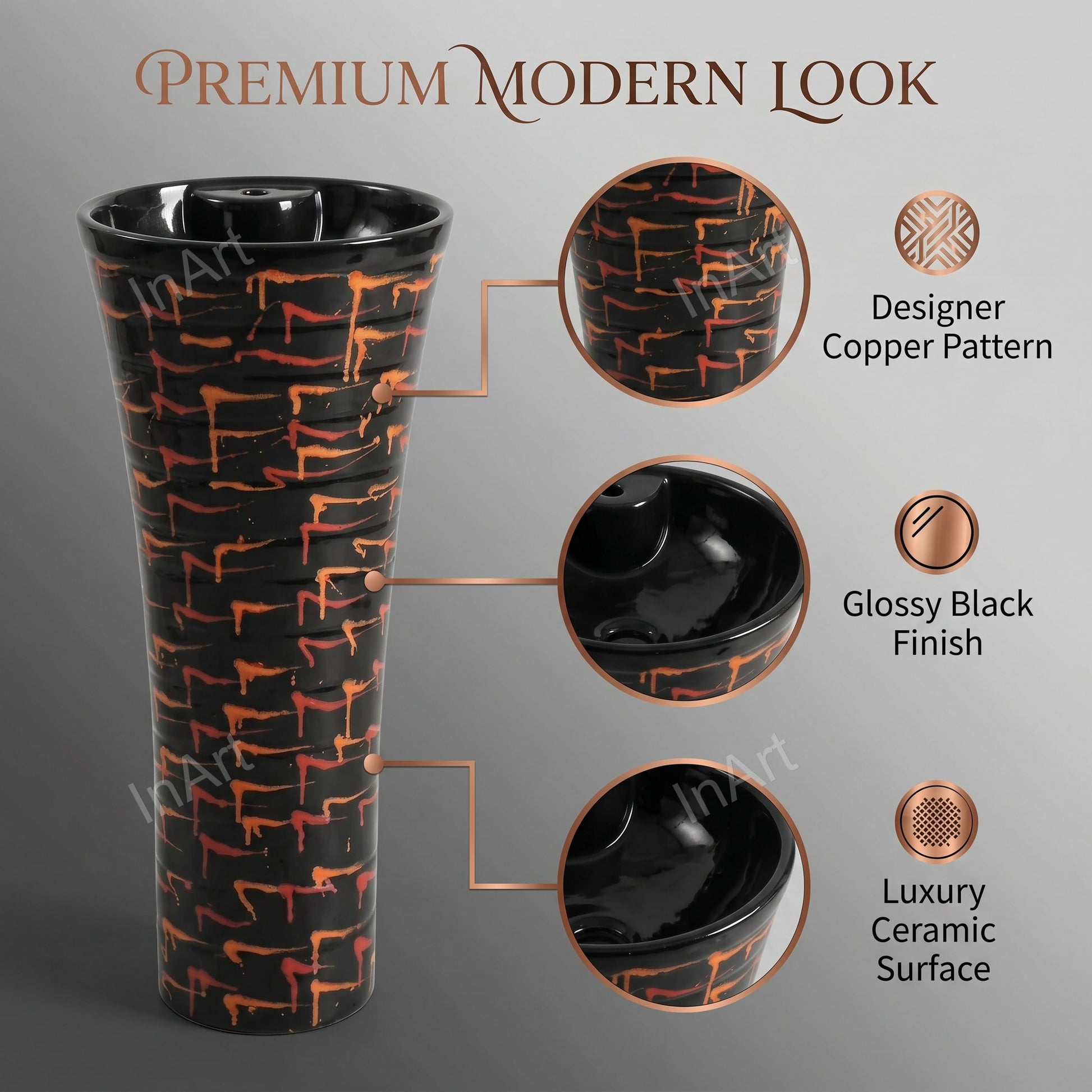 Black ceramic pedestal wash basin side profile for compact bathroom spaces