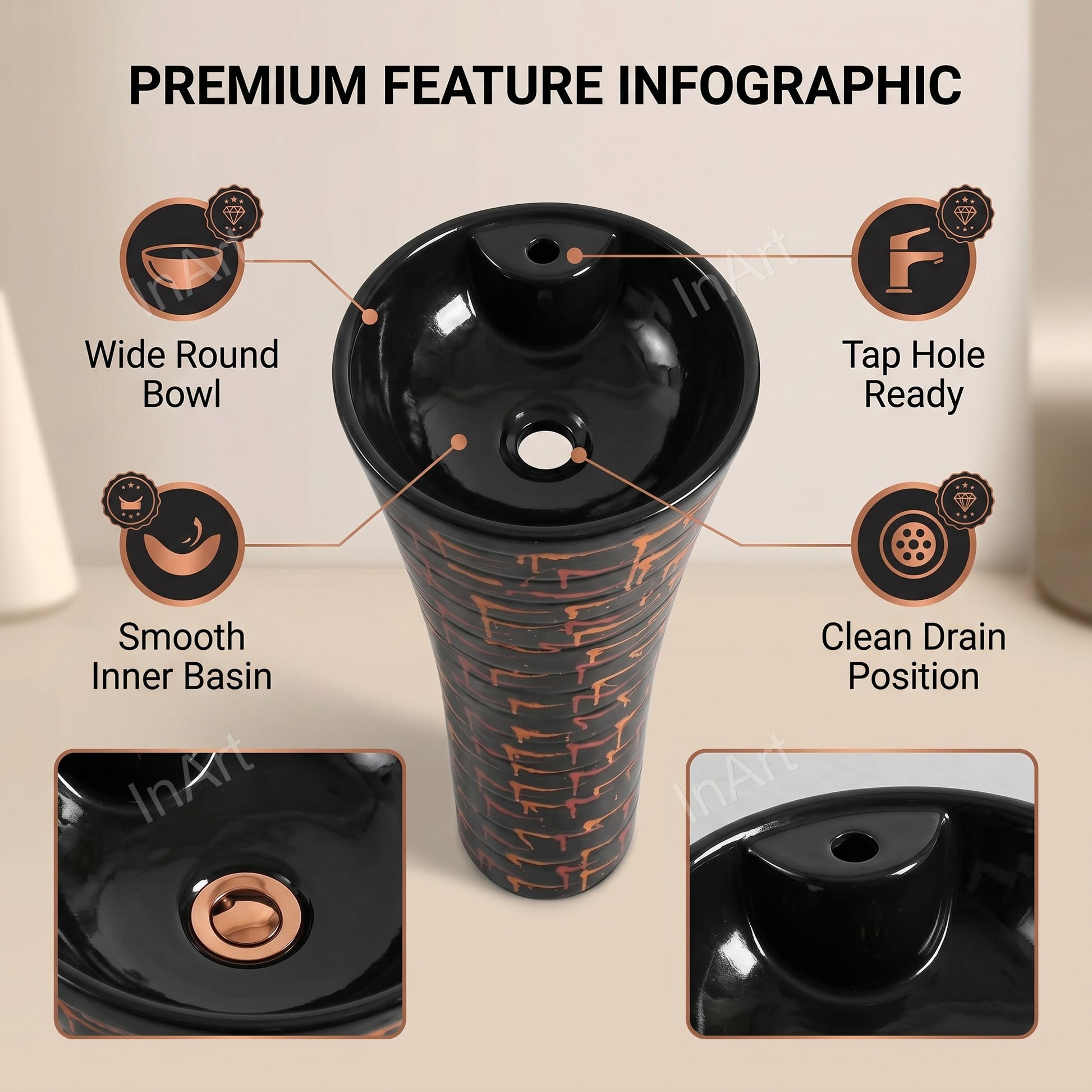 Pedestal wash hand basin with single tap hole and glossy black surface