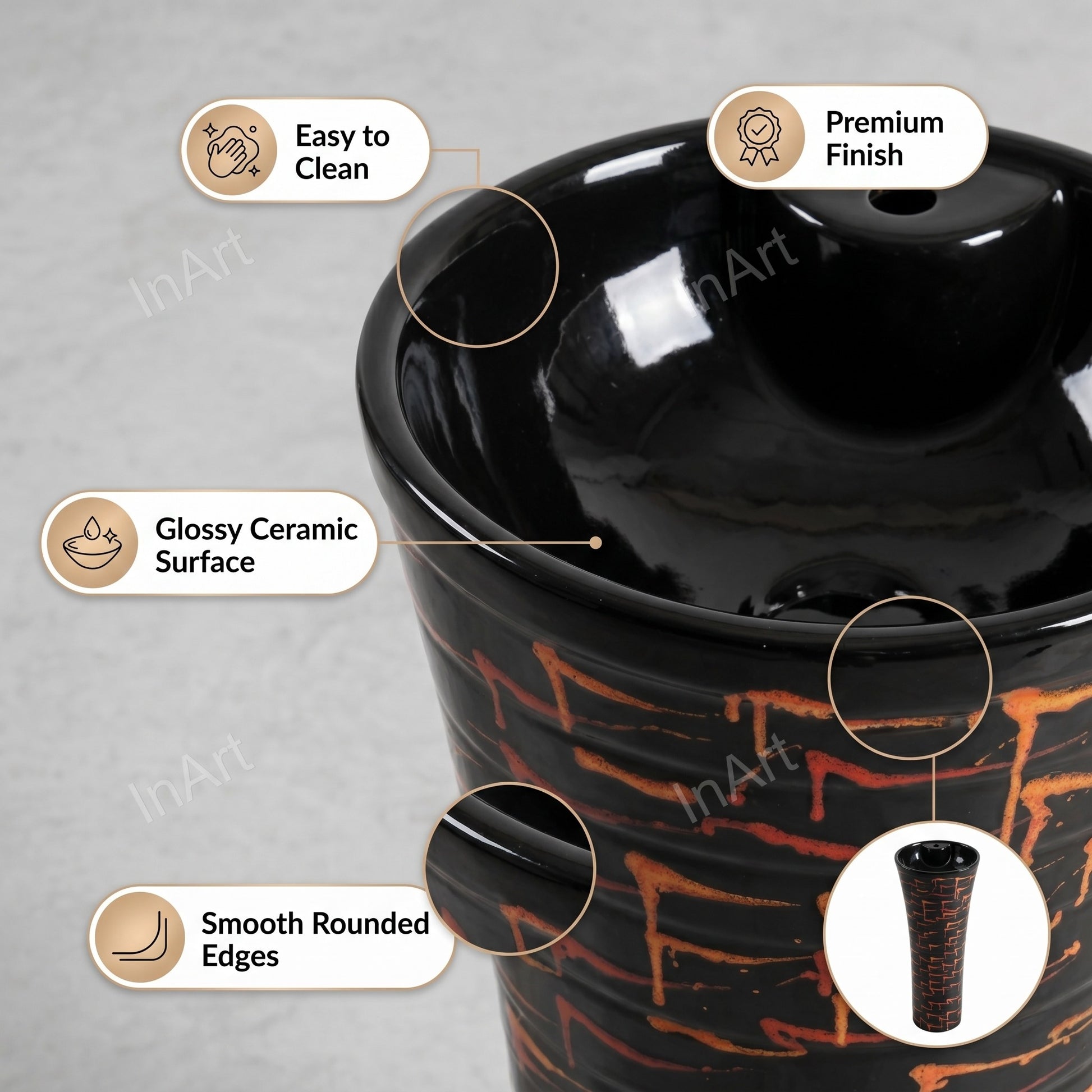 Designer glossy black ceramic pedestal wash basin for powder room installation