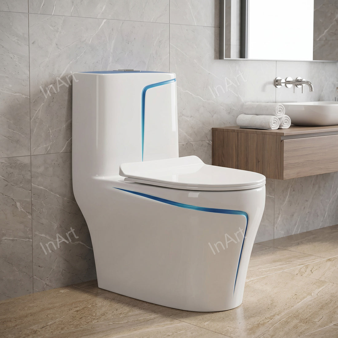 One piece ceramic western toilet commode in white blue colour front view