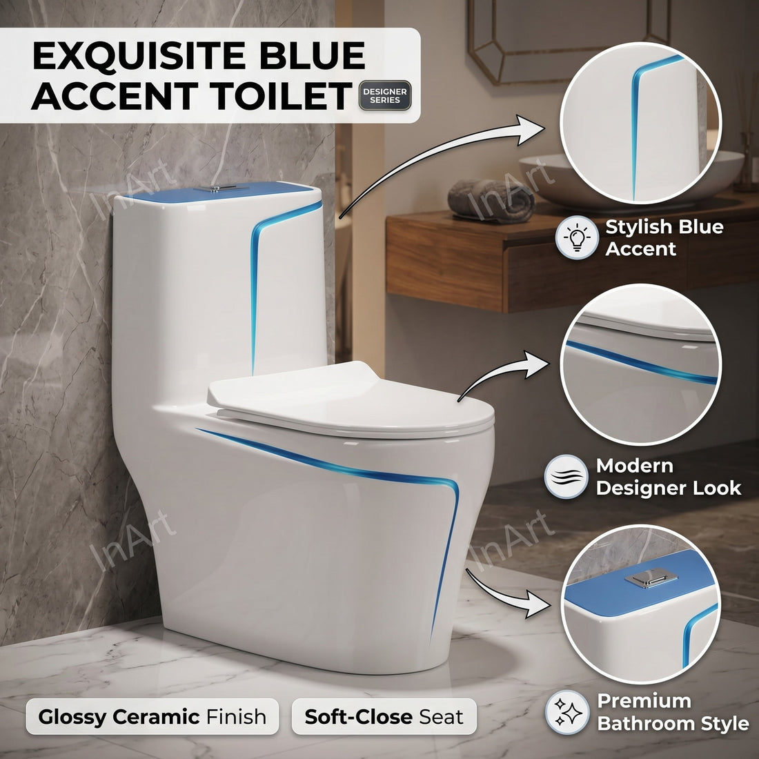 One piece ceramic western toilet commode in white blue colour front view