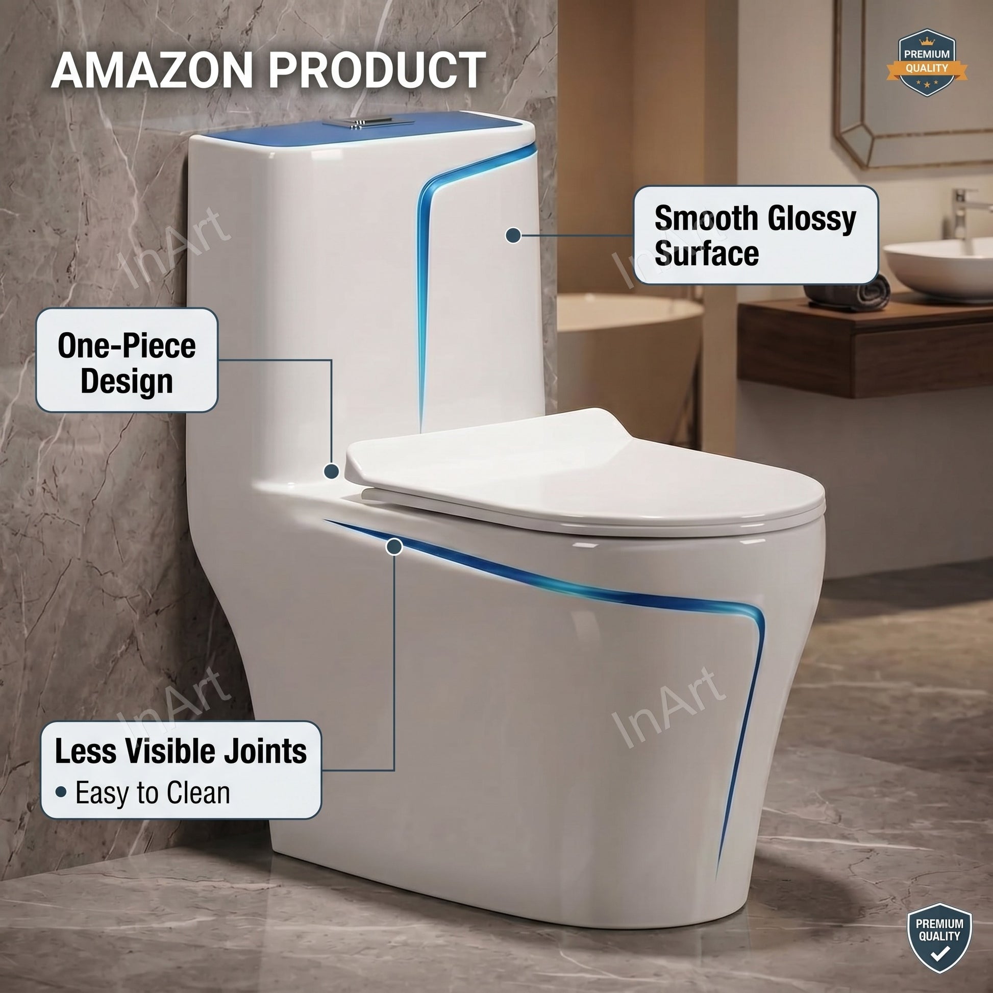 Side profile of one piece ceramic water closet for modern bathroom