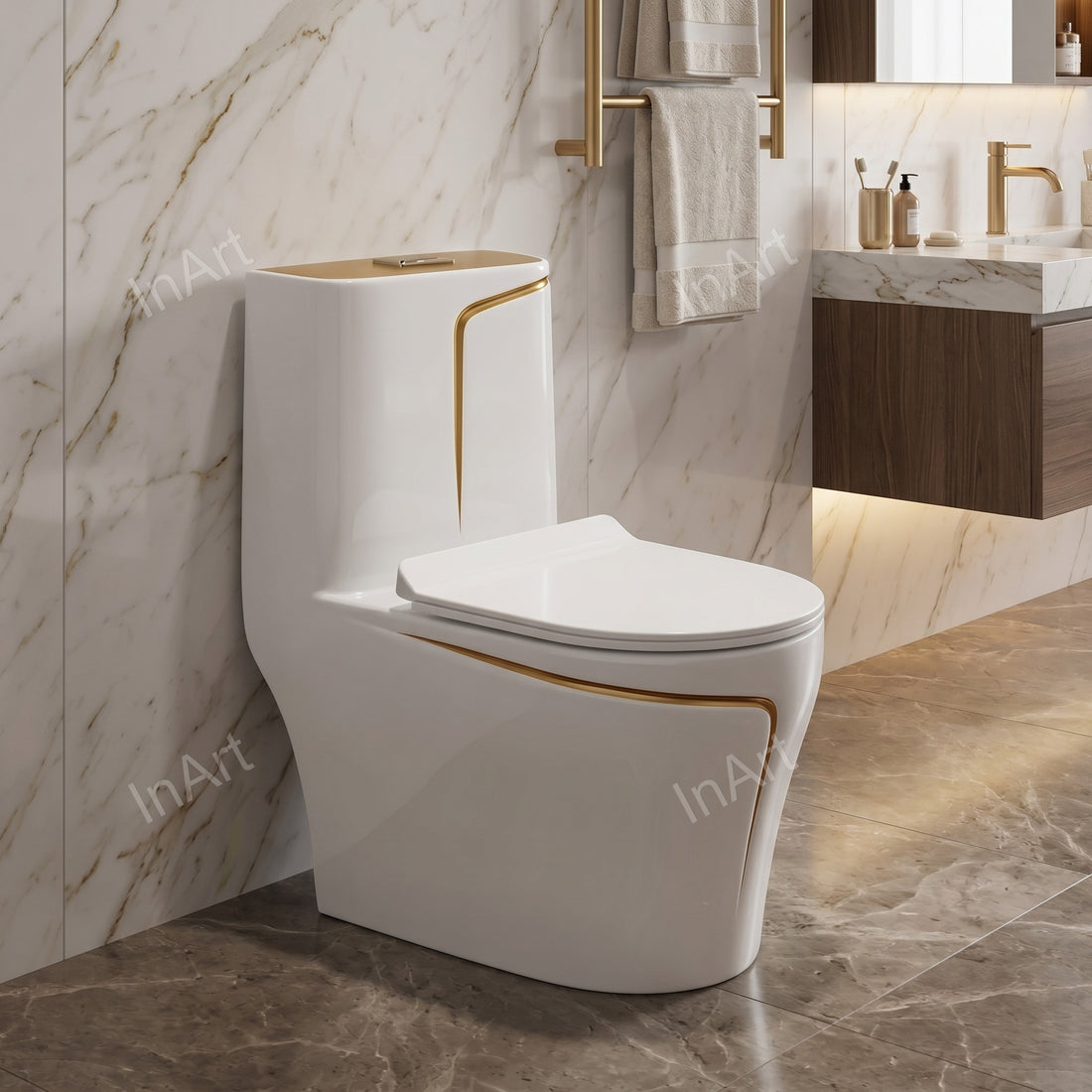 One piece ceramic western toilet commode in glossy white gold finish