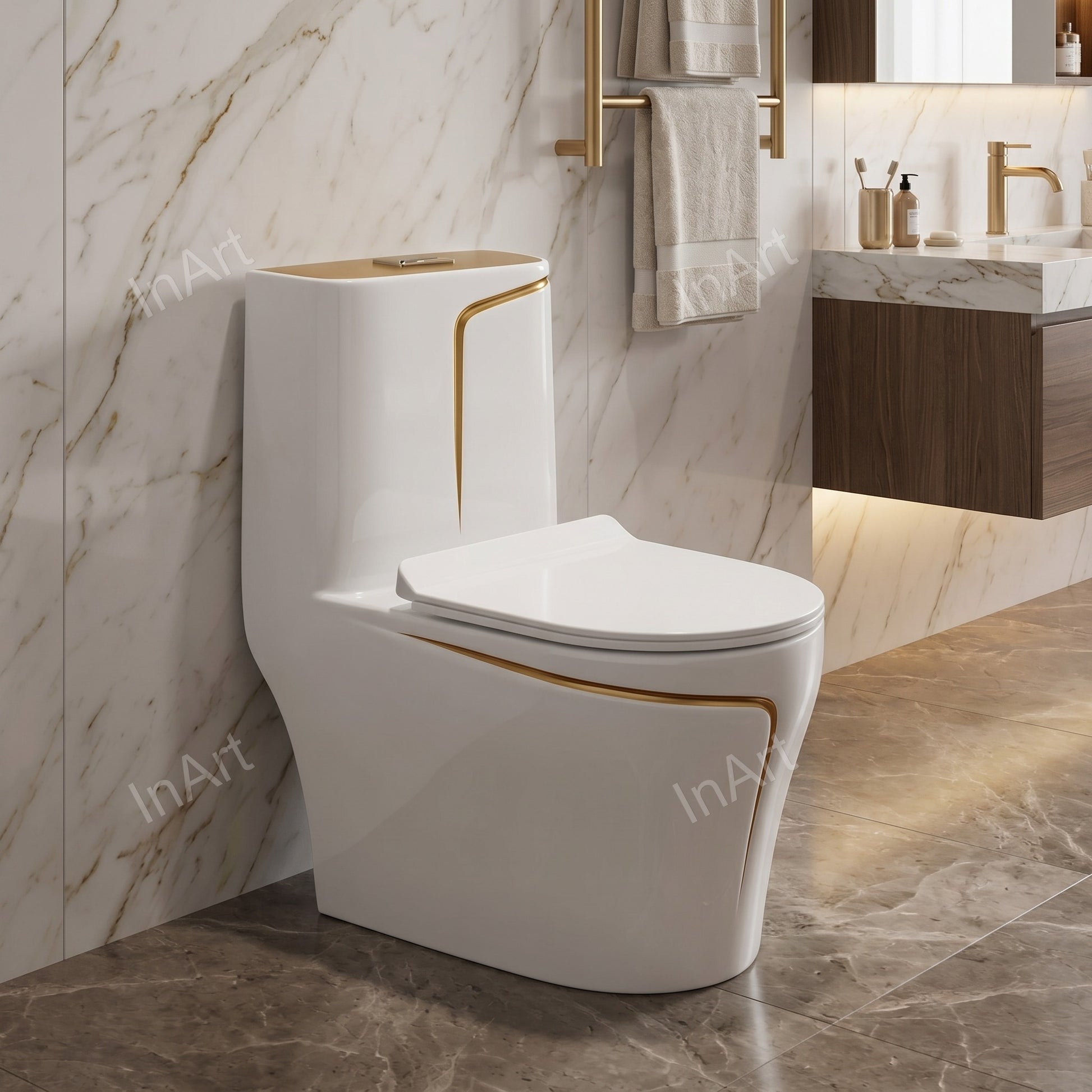 One piece ceramic western toilet commode in glossy white gold finish