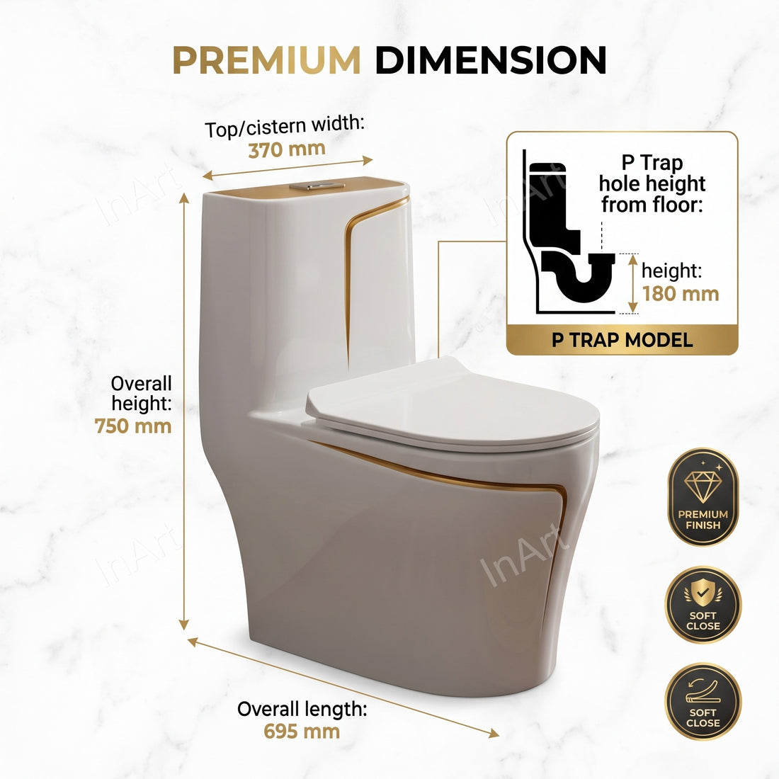 One piece ceramic western toilet commode in glossy white gold finish