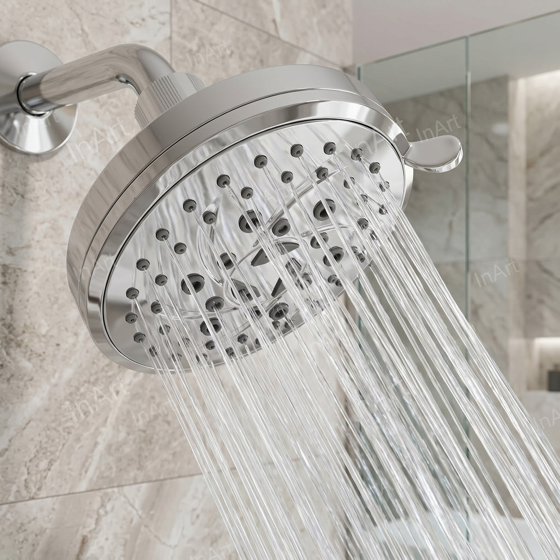 Round 4.5 inch glossy chrome overhead shower head with 9 spray settings
