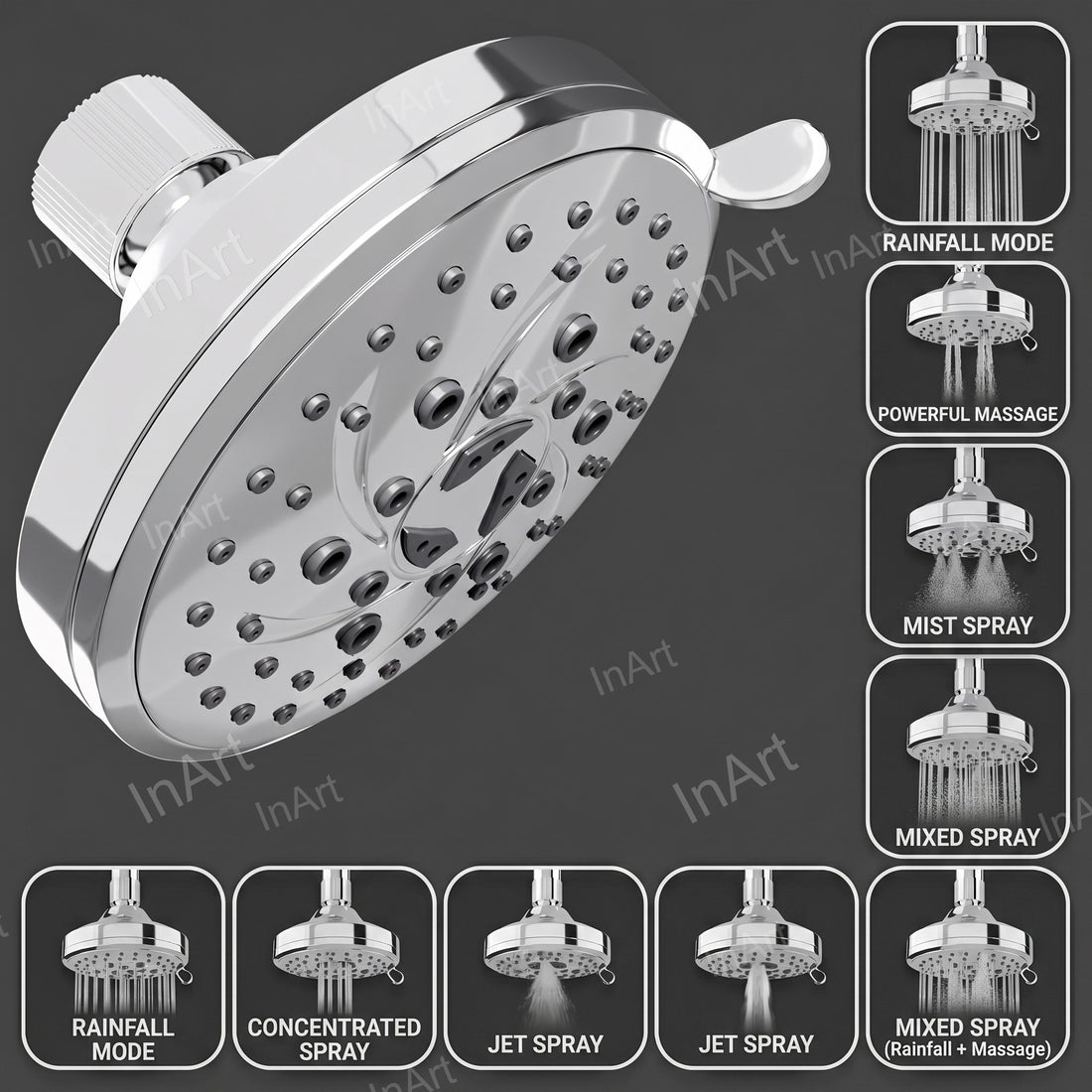 Round 4.5 inch glossy chrome overhead shower head with 9 spray settings