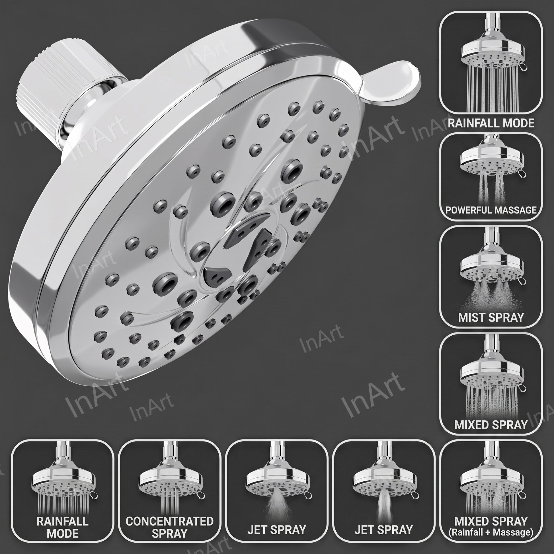 Close-up of easy-clean nozzles on chrome finish bathroom shower head