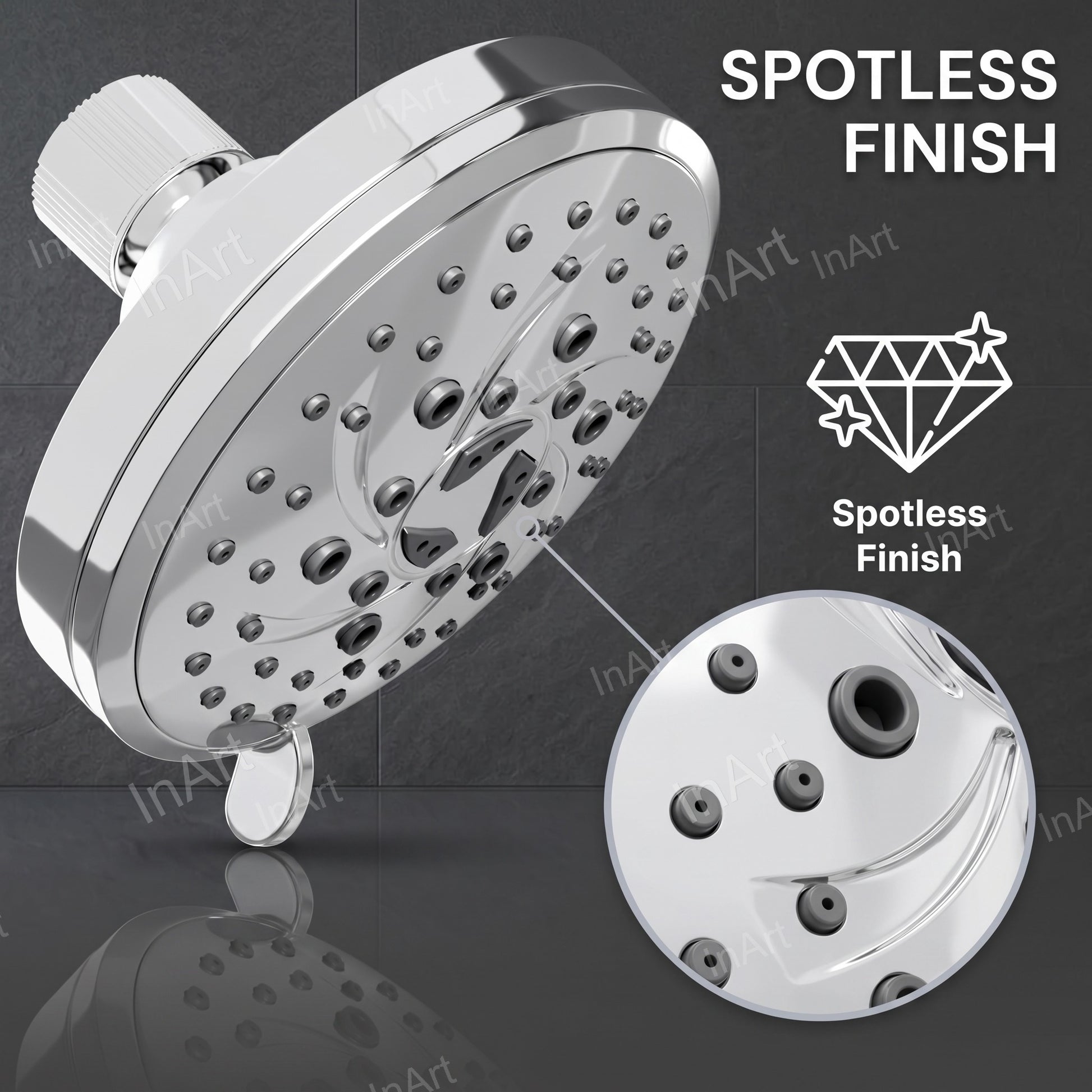 Multifunction shower head front view with round face and chrome gloss