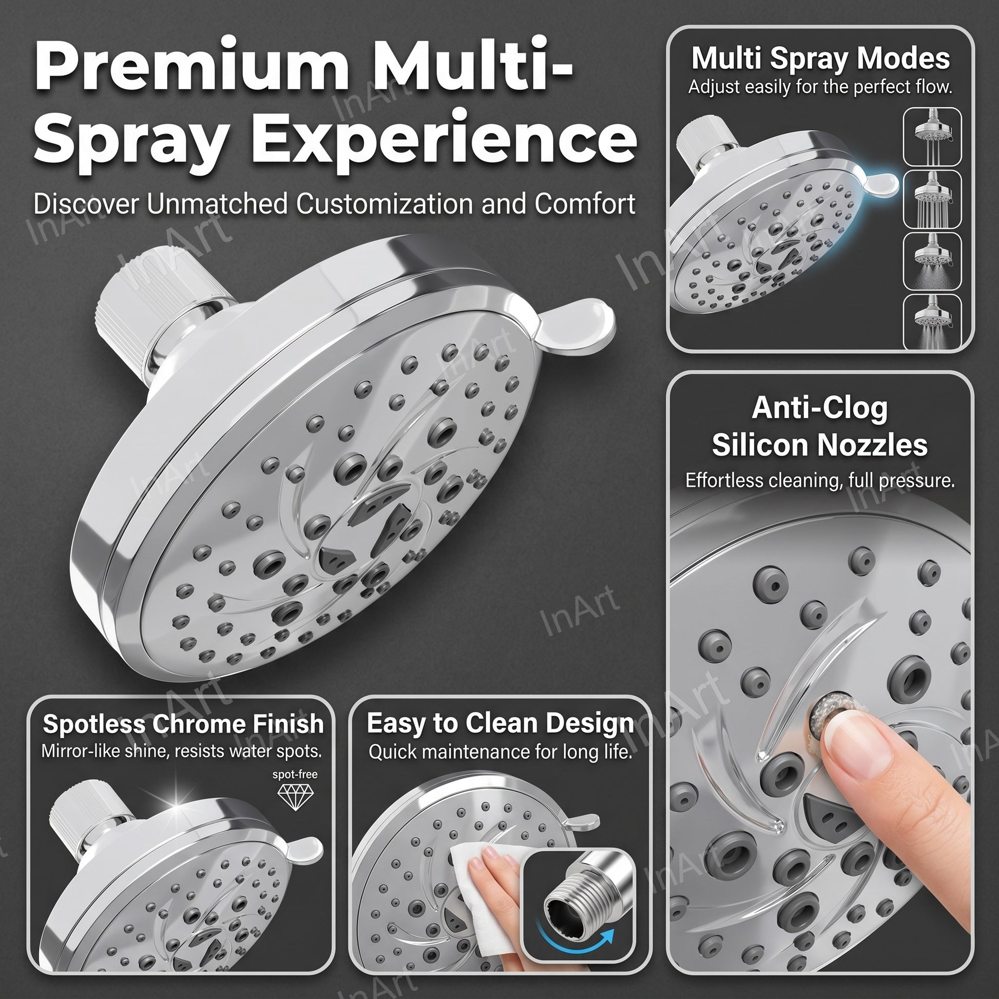 Bathroom rainfall shower style spray pattern from round overhead shower head