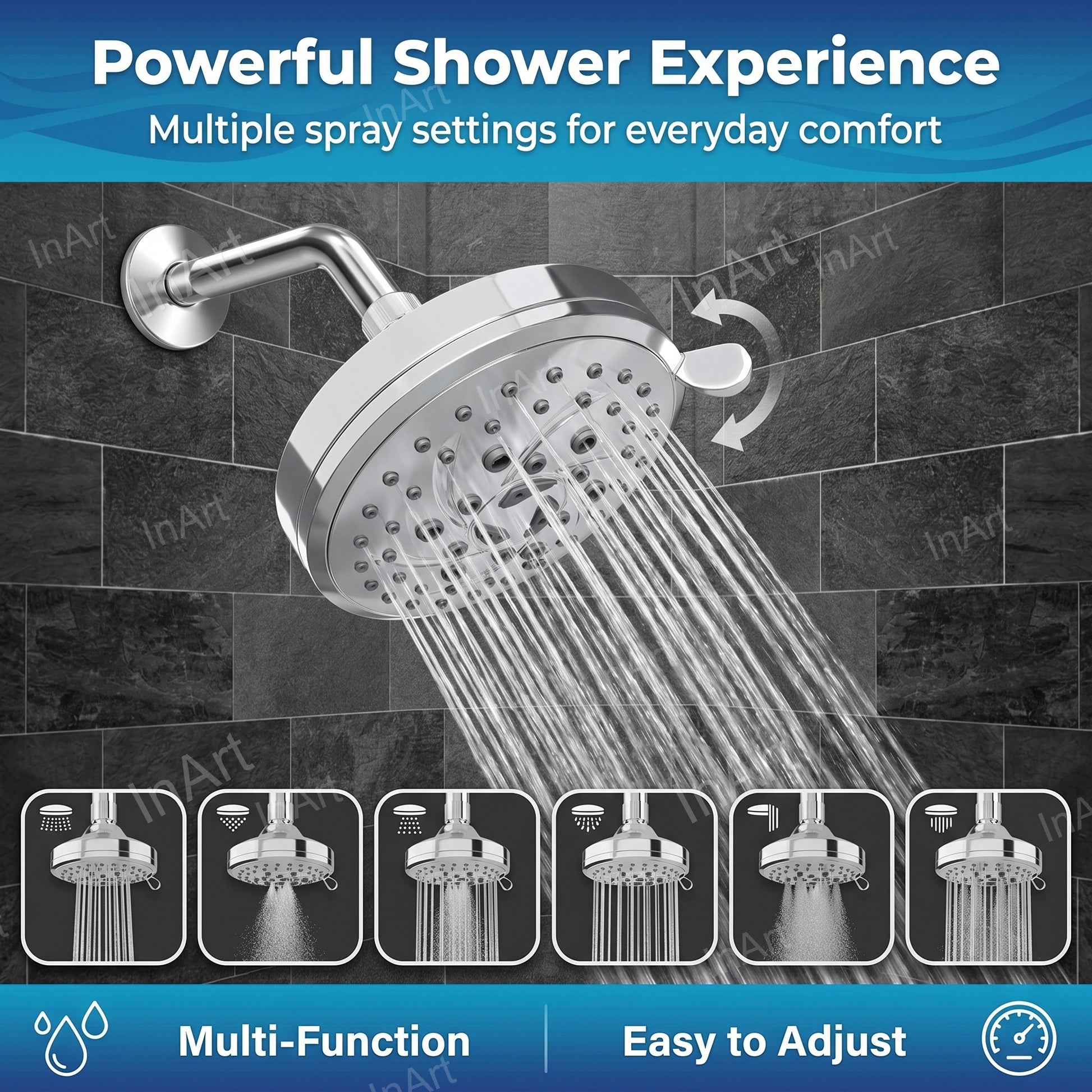 Compact ABS high pressure shower head in glossy chrome for modern bathrooms