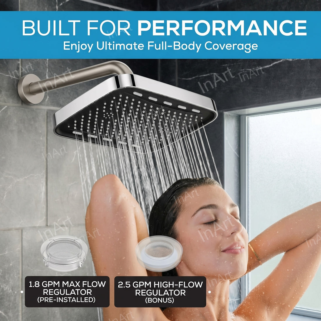 Rectangular overhead rain shower head 35 x 21.5 cm in glossy chrome finish