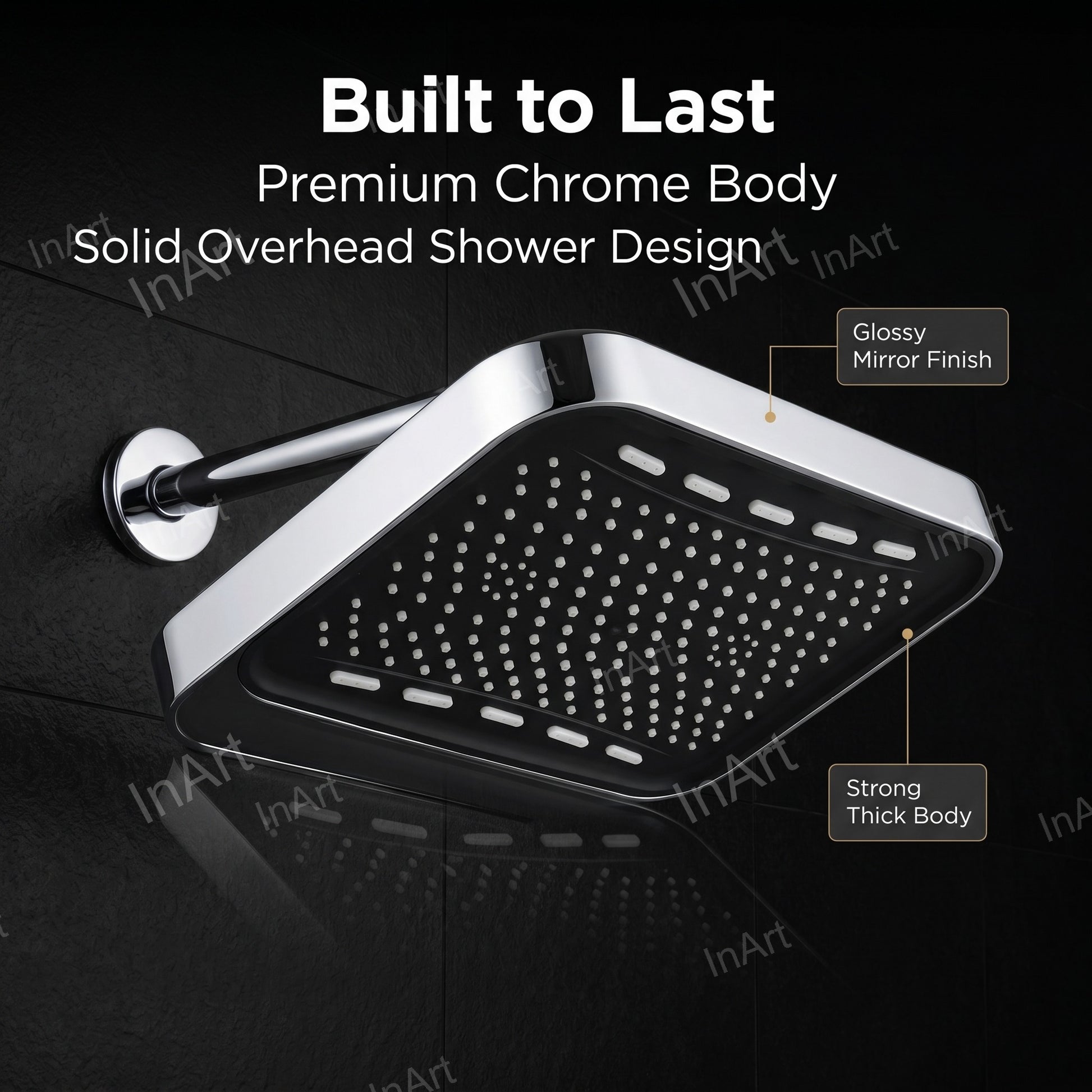 Large rectangular rain shower bathroom head showing ultra-sleek profile