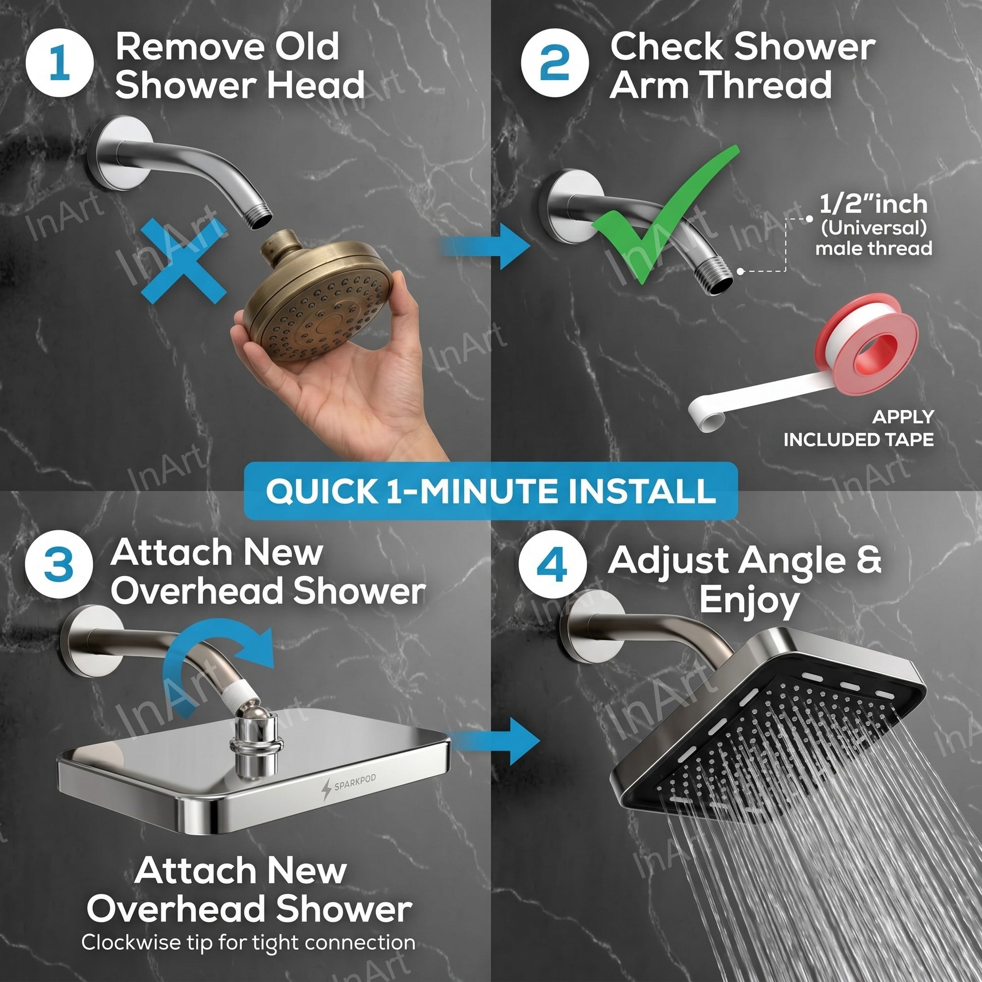 Glossy chrome finish overhead shower head for contemporary bathroom setup