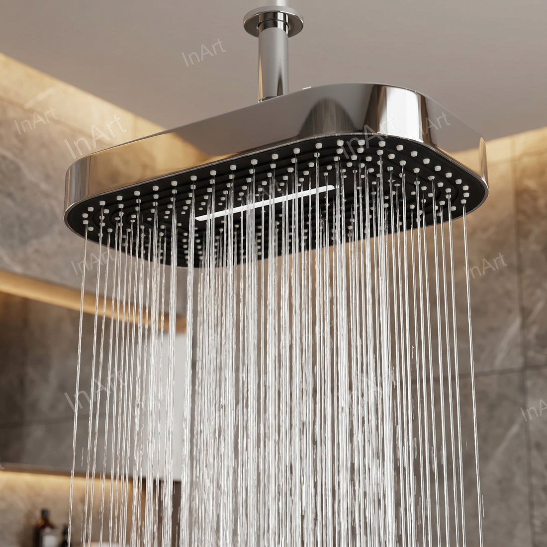 Rectangular rainfall shower head 33x20 cm with chrome frame and matte black face