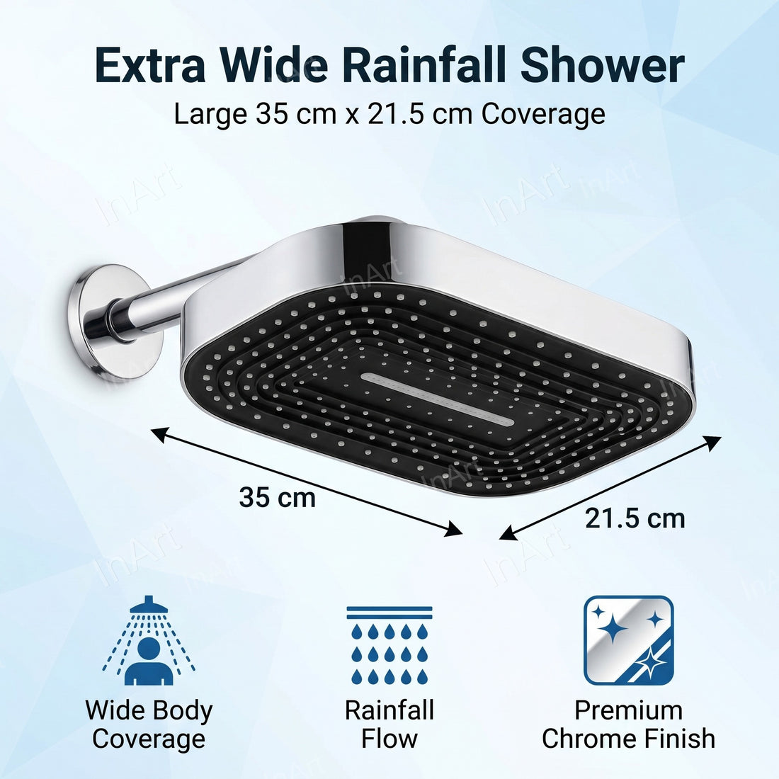 Rectangular rainfall shower head 33x20 cm with chrome frame and matte black face