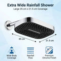Wide overhead rain shower head showing slim profile and modern two-tone finish