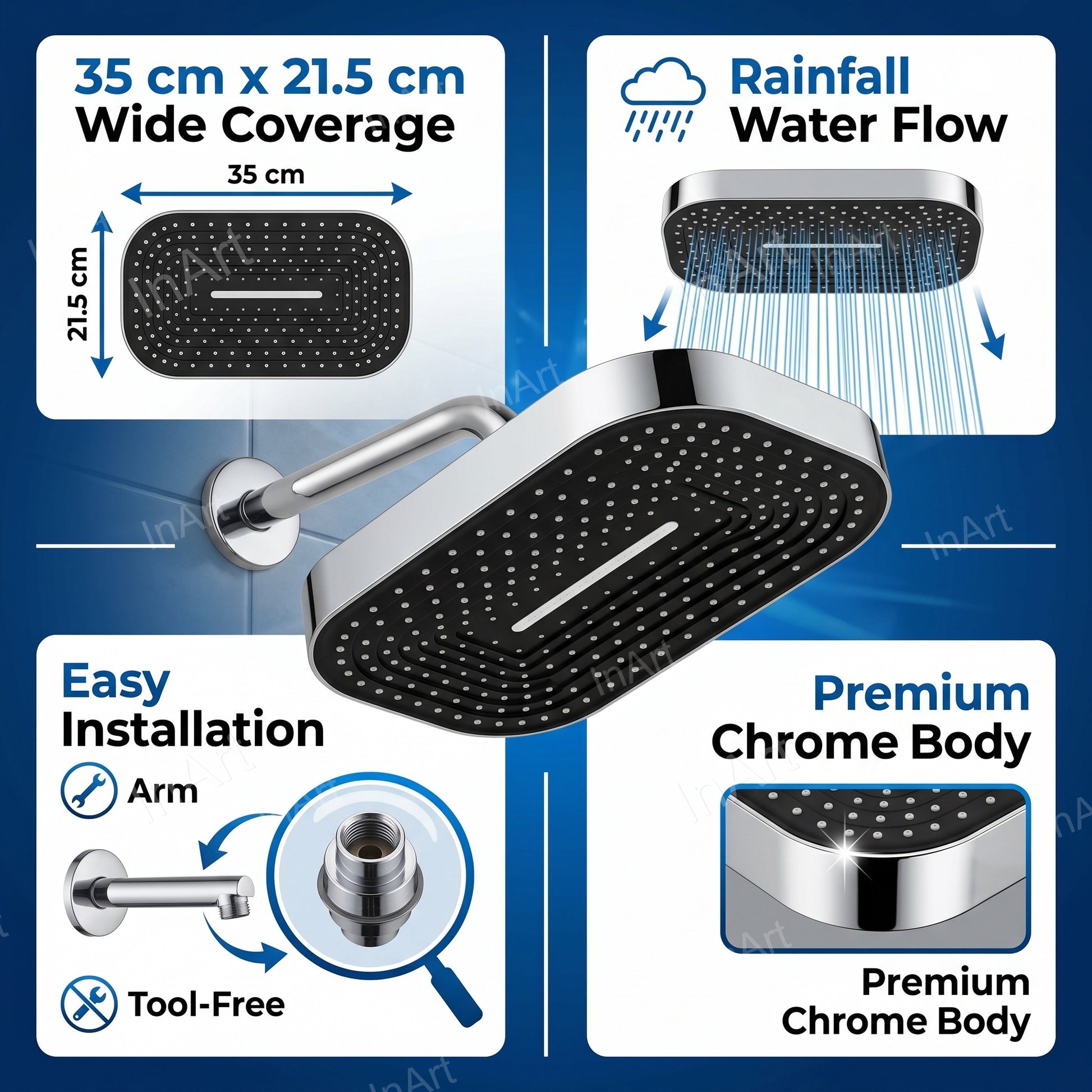 Large rain shower bathroom fitting in chrome and black finish for premium look