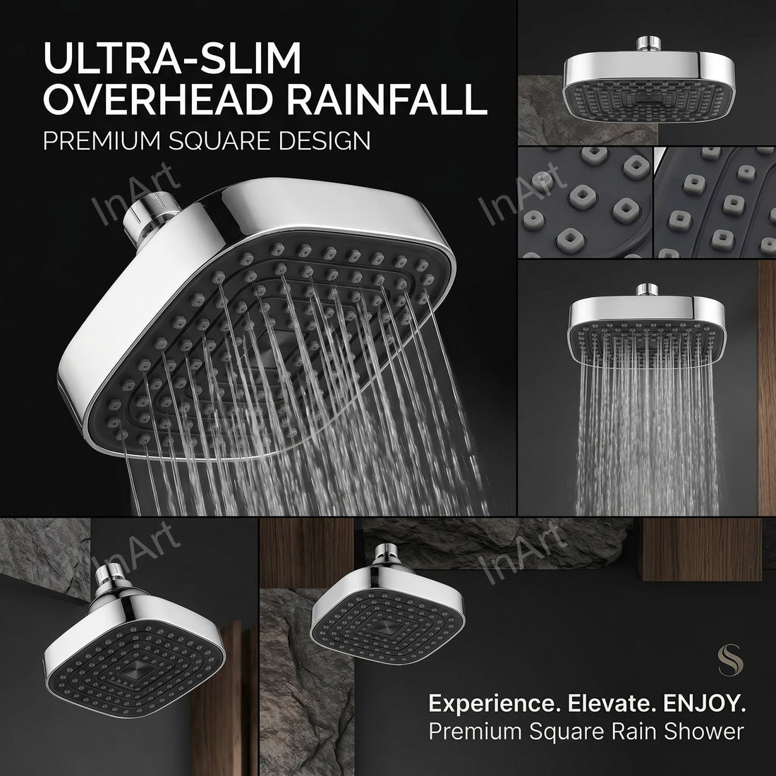 InArt square rain shower head 15x15 cm glossy chrome ABS overhead shower for bathroom wall mount G1/2