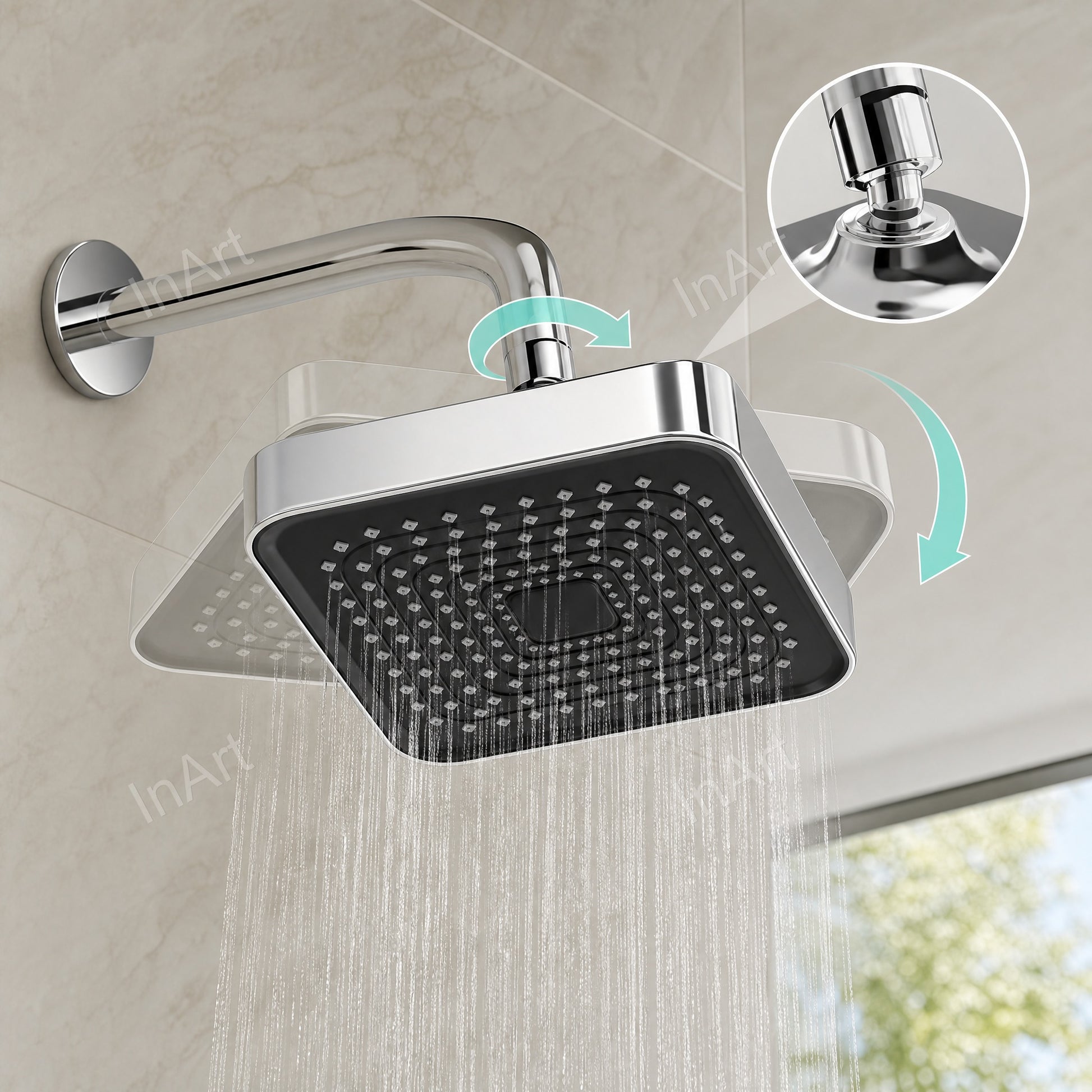 InArt overhead shower head only without arm square 6x6 inch ABS glossy chrome rain shower bathroom