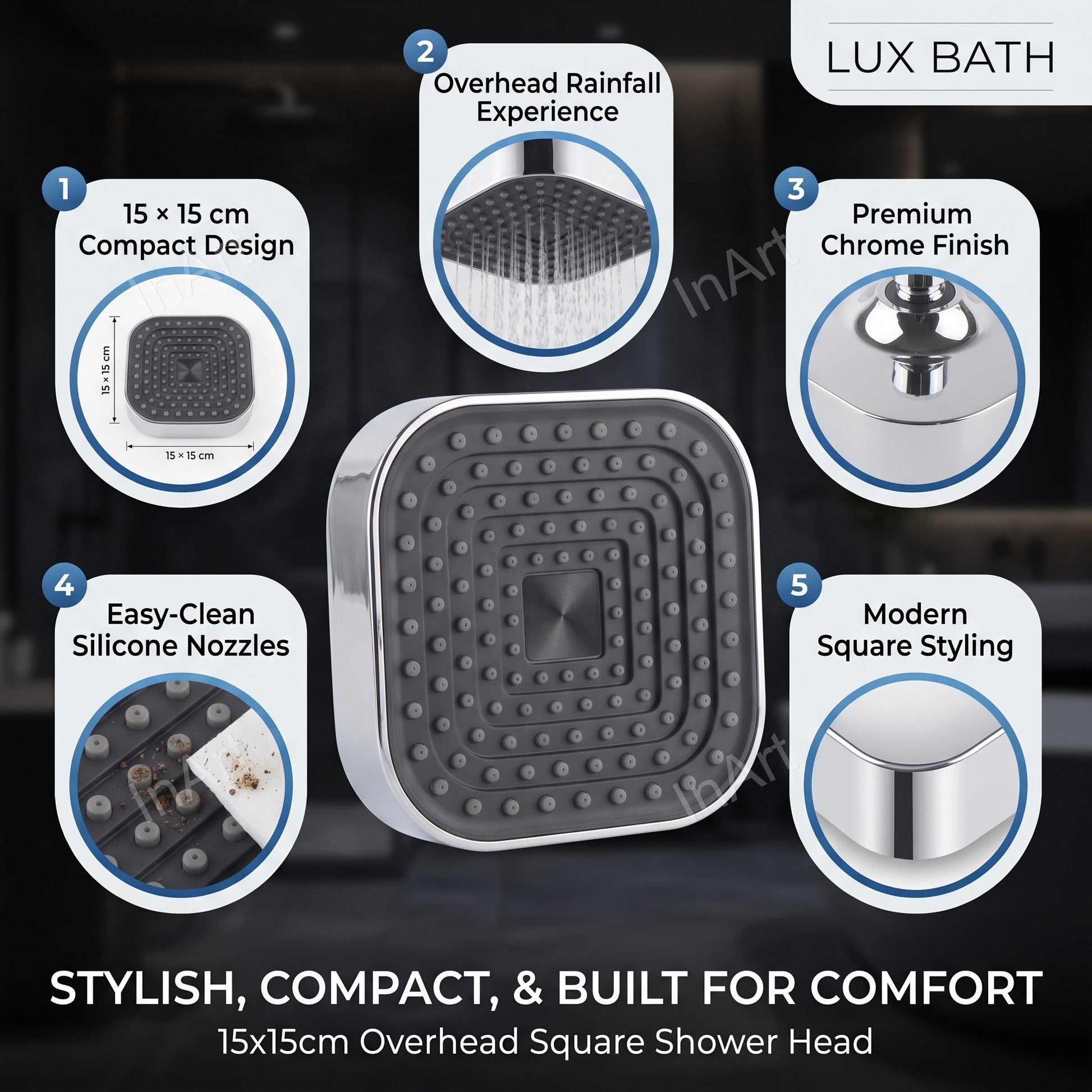 InArt glossy chrome square overhead rain shower head 15 cm ABS wall mounted bathroom shower fitting G1/2