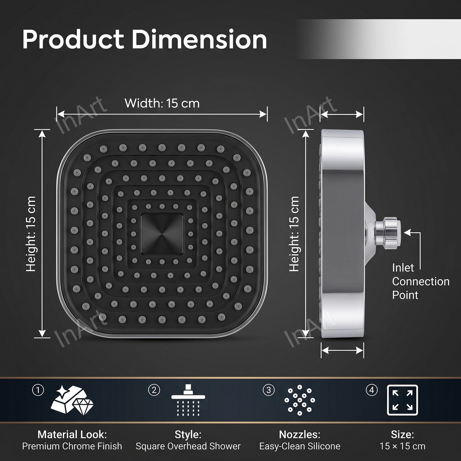 InArt wall mounted overhead shower head square 15x15 cm glossy chrome ABS G1/2 modern bathroom sanitaryware