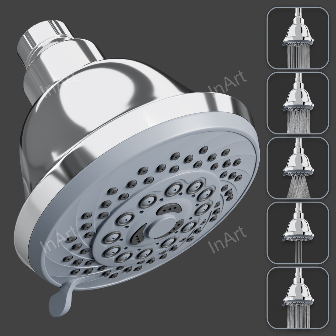 Round chrome overhead shower head with 5 spray functions, 4 inch face