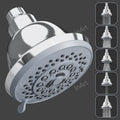 Round chrome overhead shower head with 5 spray functions, 4 inch face