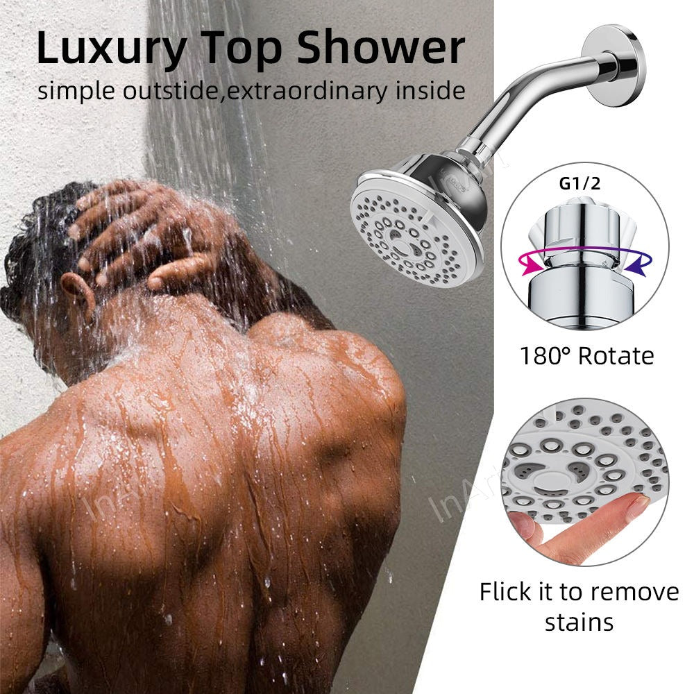 Round chrome overhead shower head with 5 spray functions, 4 inch face