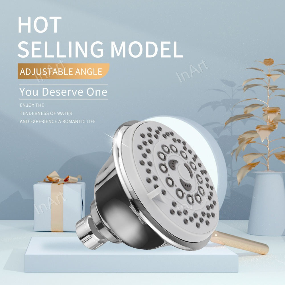Close-up of glossy chrome finish on round bathroom shower head