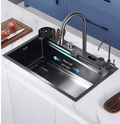 InArt Waterfall Kitchen Sink - Stainless Steel, Single Bowl, Black Color, 32x18 Inches, Digital Temperature LED Display, Knife Holder, Pull-out and Waterfall Faucet, RO Tap, Cup Washer, Drain Basket - InArt-Studio