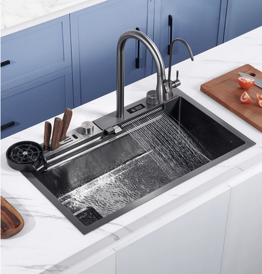 InArt Waterfall Kitchen Sink - Stainless Steel, Single Bowl, Black Color, 32x18 Inches, Digital Temperature LED Display, Knife Holder, Pull-out and Waterfall Faucet, RO Tap, Cup Washer, Drain Basket - InArt-Studio