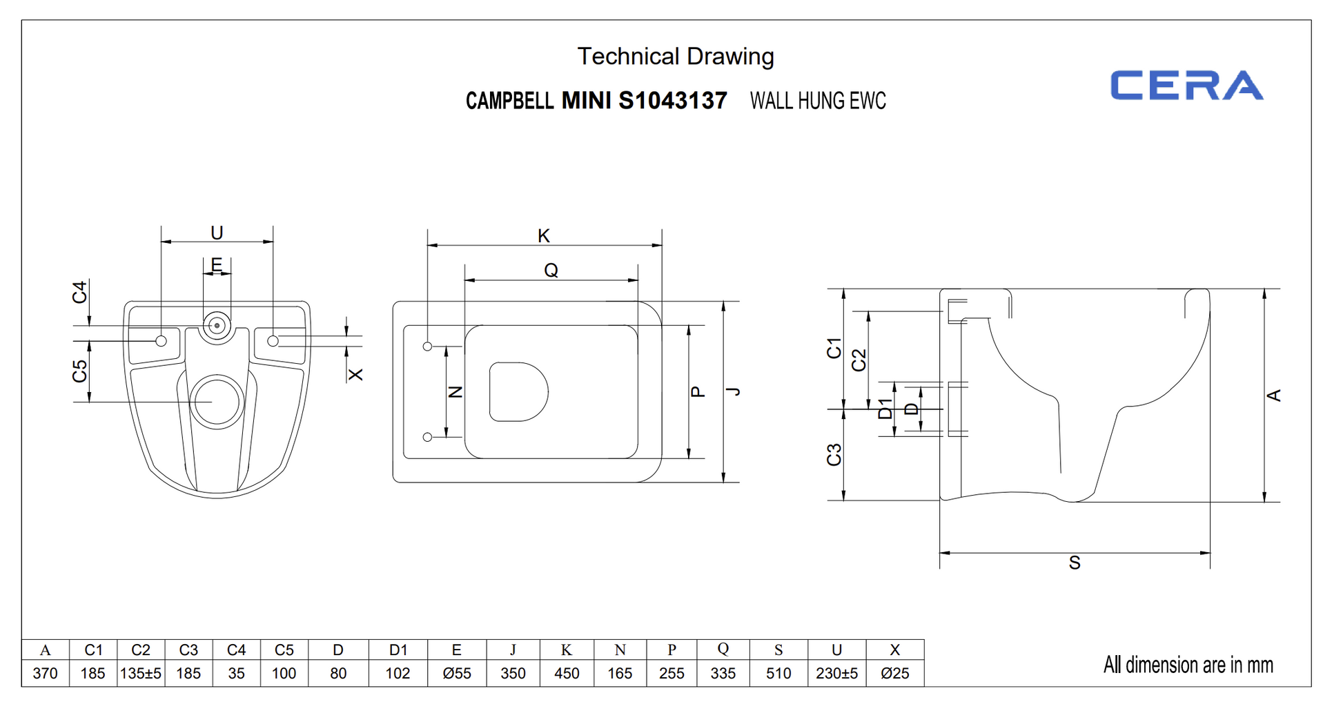 Cera Campbell Mini Wall Hung Toilet WC Commode with Slim Soft Close Se