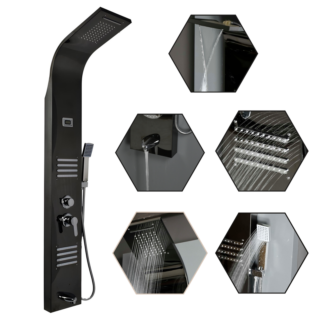 InArt black stainless steel shower panel tower system with 5-in-1 features, main product view